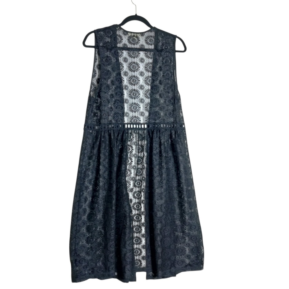 Painted Threads Black Floral Lace Longline Vest Sleeveless Kimono Cardigan M